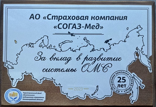 Калининградскому филиалу «СОГАЗ-Мед» вручены благодарственные письма и памятный адрес для головного офиса , новости, пресс-релизы, статьи, «СОГАЗ-Мед», омс